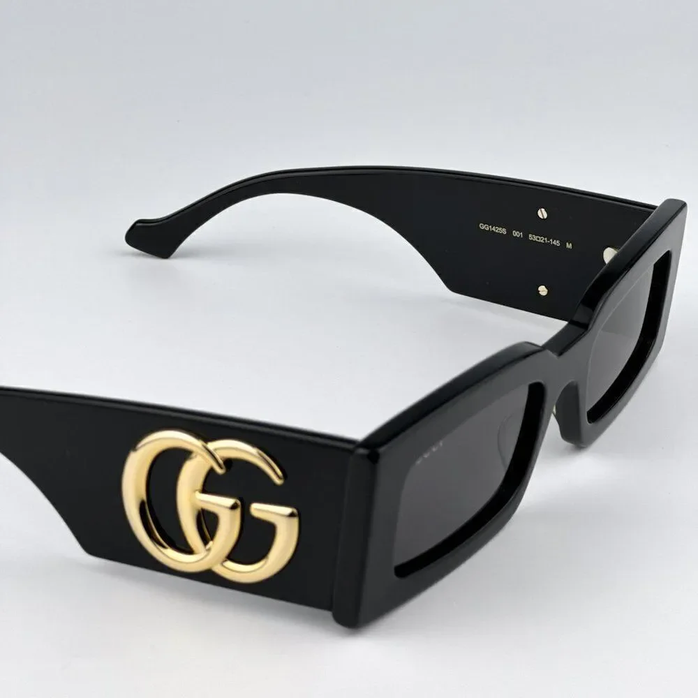 NEW Gucci GG1425S 001 Black Grey Rectangle Unisex Sunglasses GG 1425S